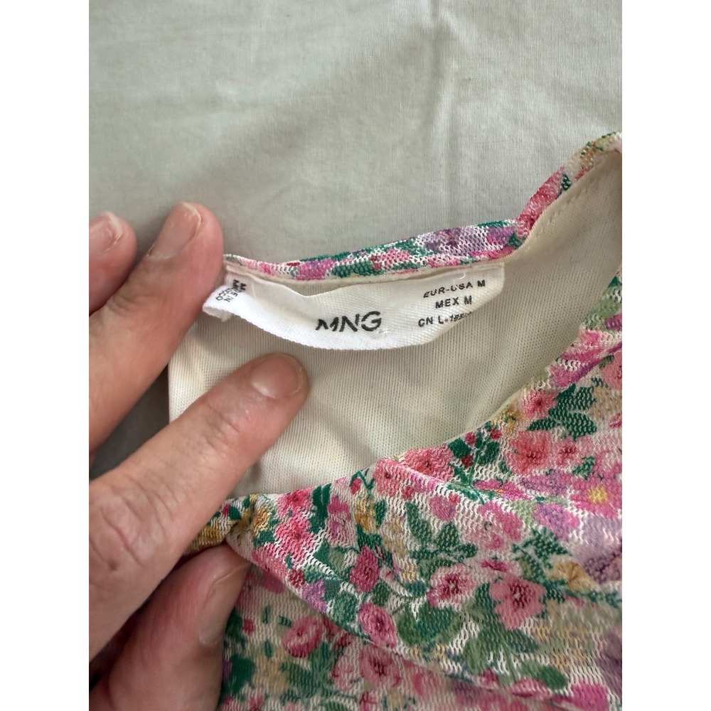 MNG Mango Floral Ruched Puff Sleeve Top Pink Cottagecore Coquette M - Picture 6 of 7
